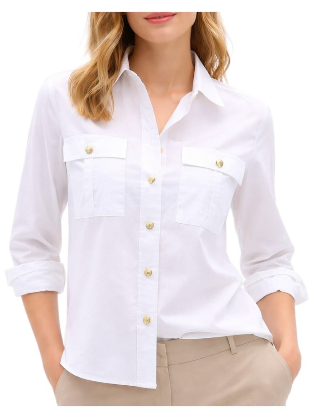 Tommy Hilfiger White Button-Front Pocket Blouse with Gold Buttons